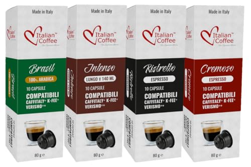 ITALIAN COFFEE FOR ESPRESSO LOVERS Italian Coffee capsules compatible with Verismo, CBTL, Caffitaly, K-fee systems (Sampler, 4 flavors, 40 pods tot., No decaf)
