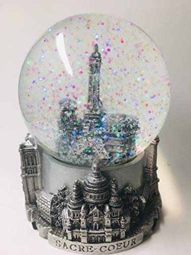 VIANAYA - Bola de nieve Paris Torre Eiffel – Base de resina con monumentos en 3D y globo de cristal con purpurina brillante – Color plateado – Tamaño mediano (altura 11 cm)
