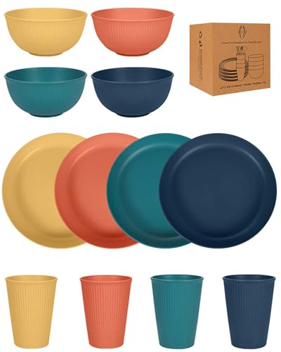 JEJA Stoviglie da Campeggio per 4 Persone, per Feste di Compleanno Campeggio Feste, Set da Tavola 4 Piatti, 4 Ciotole, 4 Tazze, Serie Scura