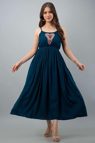 Image of Women's Rayon Sleeveless Embroidered Anarkali Kurti (Royal Blue)
