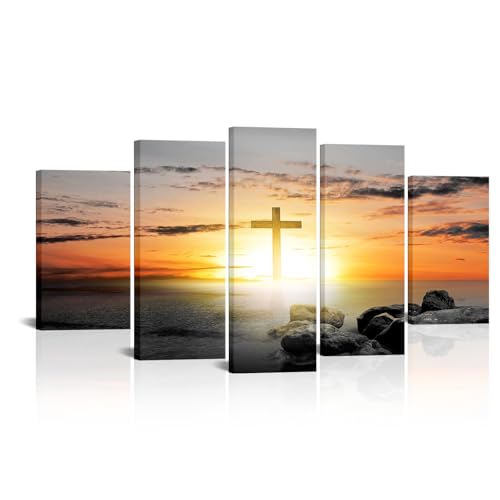 Canvbay 5 Panel Christian Cross Canvas Wall Art Sunset Ocean Landscape Picture Prints Religious Jesus Christ Cross Seascape Artwotk for Living Room Home Church Decor by Canvbay - Used condition - US$82.12
