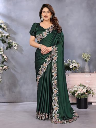 Image of Pandadi Saree Women's Satin Embroidery Work Saree With Unstitched Blouse Piece