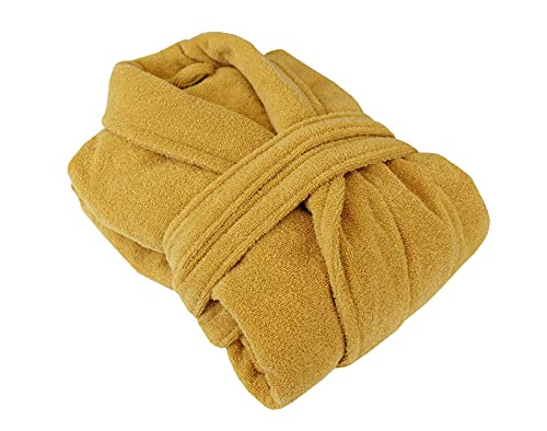 Image of House of Emily Women's Men's 100% Turkish Cotton 400gsm Terry Towelling Shawl Collar Bathrobe Dressing Gown (XL - Chest Size 57" - 60" | Length 52", Ochre Yellow)