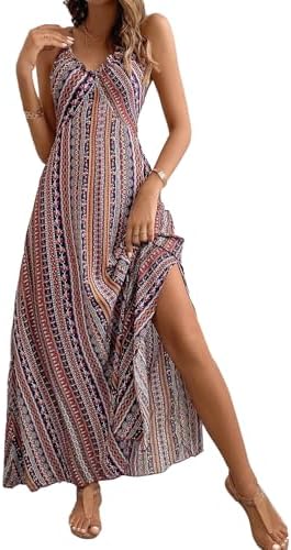 LIAMERHE Women's Ethnic Maxi Dress Summer V-Neck Backless A-Line Sundress Spaghetti Strap Sleeveless Dresses Bohemian Ladies Casual Elegant Spring High Waist Slit Beachdress Red XL