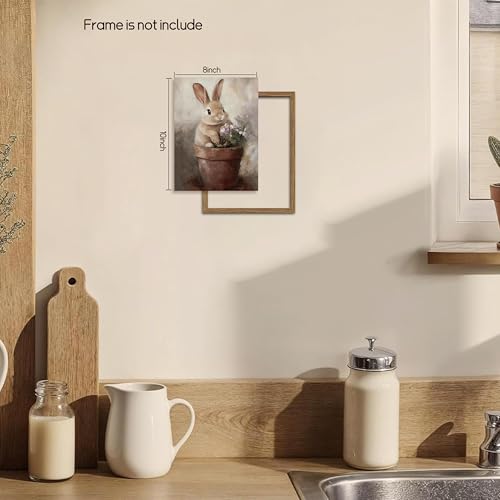 Image of AKWISH Vintage Easter Wall Art Poster, Cute Rabbit in Flower Pot Picture Prints, Cottage Farmhouse Bunny Canvas Artwork, Holiday Wall Decor for Kids Room Girls Bedroom Living Room 8x10 inch Unframed