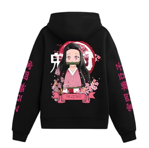 Image of Anime Inspired Design Unisex Pullover Hoodie, Black, Graphic Print Front and Back