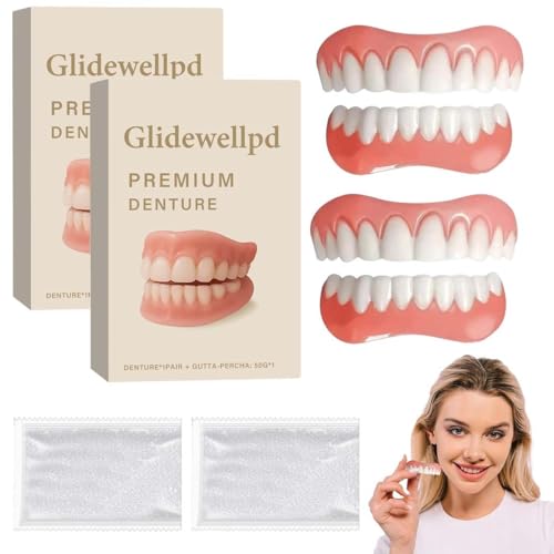 EIHI 2 Juegos de Perfecta Sonrisa Dientes Prótesis Chapa con Pegamento Dental de 50 g, Dentaduras Temporales, Carillas de Dientes Postizos Mandíbula Superior y Mandíbula Inferior（B）