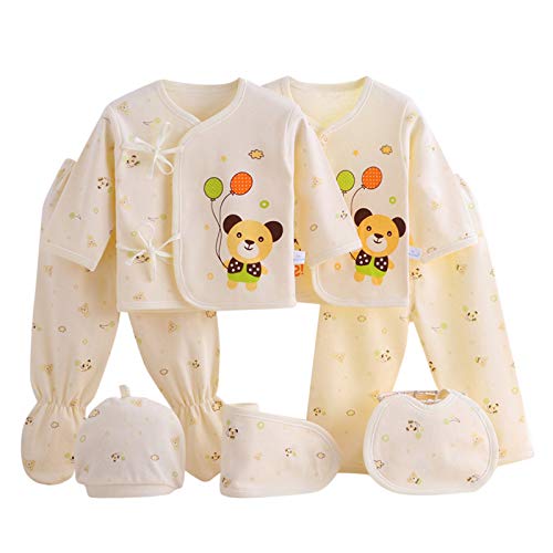 2PCS Girls Clothing Set, 7PCS Newborn Baby Boys Girls Cartoon Pyjamas Tops+Hat+Pants +Bib Sleepwear Set 0-3 Months Yellow
