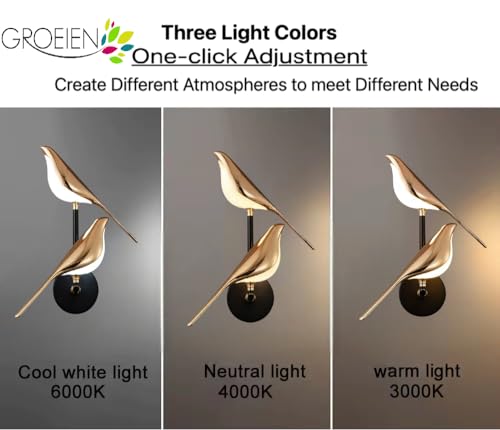 Image of Groeien 12W | 3 Color Modern LED Double Golden Bird Wall Sconce Gold Wall Light for Bedroom Living Room Corridor Lighting Fixtures Wall Mount(Warm+Natural+Coolwhite)(Double Golden Bird, 1, Count)