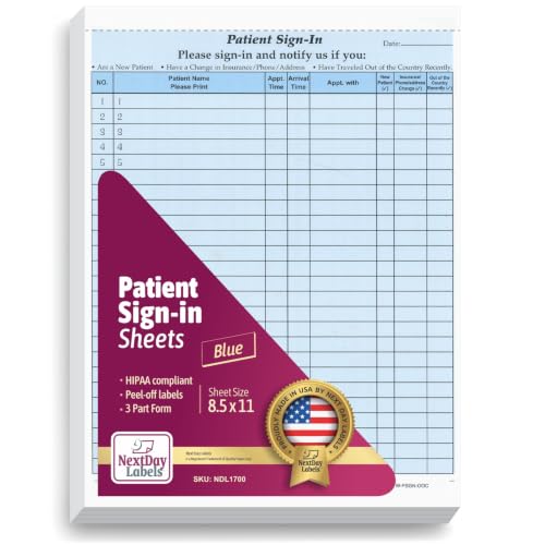 NextDayLabels Patient Sign-in Sheets - HIPAA Compliant, 3-Part Carbonless NCR Forms - 25 Sets, 625 Labels - Confidential Medical, Dental, Health Office Use - Made in USA - Blue