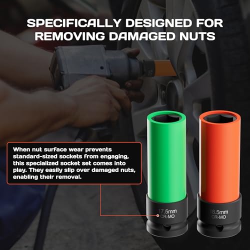 Image of 7-Piece 1 /2 inch Drive Lug Nut Impact Socket Set (16.5-22.5mm), Non-Marring Design for Swollen or Seized Wheel Nuts, CR-MO Steel