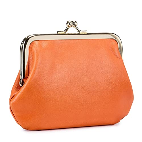 Vintage Cowhide Wallets Female Genuine Leather Purses Portable Large Capacity Money Bag Small Coin Purse Card Holders (Orange)