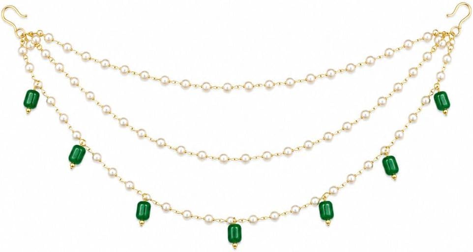 I Jewels Indian Bollywood Wedding Pearl Beaded Multi Layered Hair Chain for Women (HC04G)