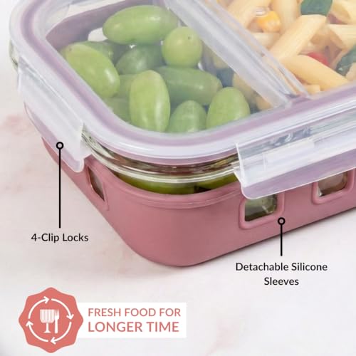 Image of Nestasia Glass Lunch Box with Silicone Sleeve (600ml) - Borosilicate Glass Lunch Box with 2 Compartments for Office | Microwave & Freezer Safe, Leak-Proof Tiffin Box with Clip Locks (Mauve)