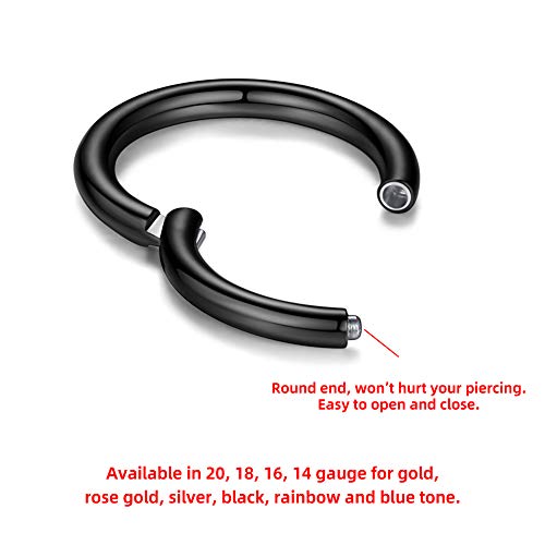 Wbrwp 316L Stainless-Steel Piercing-Ring Hinged Nose-Rings-Hoop : 20G Womens And Mens Body Pierecing Ring Segment Clicker Lip Rings Cartilage Rook Earrings Diameter 6Mm 8Mm 10Mm 12Mm Black #TOP1