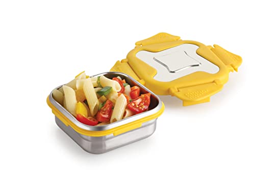 Image of STEELLOCK Smart Stainless Steel Tiffin Lunch Box for Kids and Adults | Airtight & Leakproof | Square Tiffin Box for School & Office with Steel Lid | Yellow 360 ml 2 pc