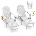 GREENVINES Adirondack-Chairs-with-Ottoman | Set of 2 | Folding | Retractable-Footrest | HDPE Plastic | All Weather Fire Pit Chair | Cup Holders | White | for Outdoor Poolside