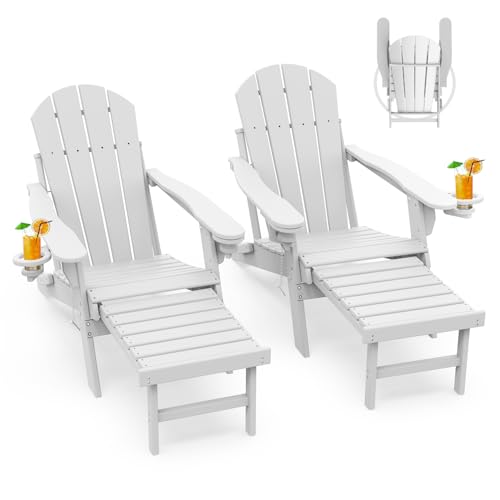GREENVINES Adirondack-Chairs-with-Ottoman | Set of 2 | Folding | Retractable-Footrest | HDPE Plastic | All Weather Fire Pit Chair | Cup Holders | Whit