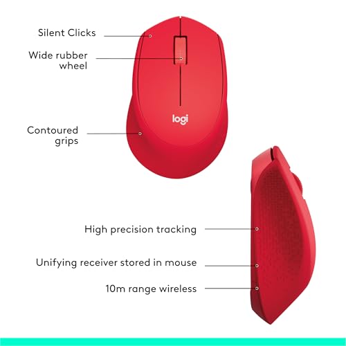 Image of Logitech M331 Silent Plus Wireless Mouse, 2.4GHz with USB Nano Receiver, 1000 DPI Optical Tracking, 3 Buttons, 24 Month Life Battery, PC /Mac /Laptop - Red