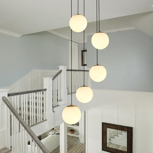 Image of Mid Century Globe Chandelier, 5-Light Brushed Gold Pendant with Milk White Glass, Modern Cluster Lighting for Staircase Kitchen Island Dining Room