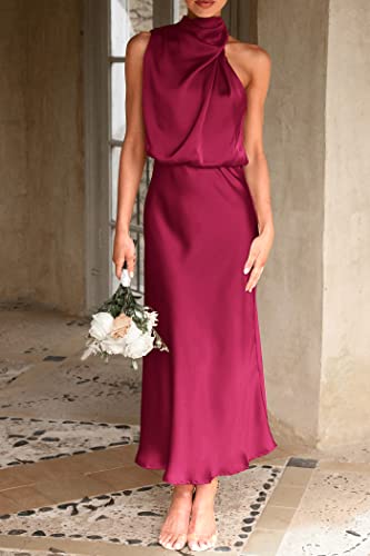 Image of PRETTYGARDEN Women's 2026 Summer Satin Dress Elegant Sleeveless Mock Neck Cocktail Party Maxi Dresses