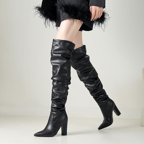 Roimaash Black Slouch Ruched Boots Knee High for Women Wide Calf Thigh High Boots3