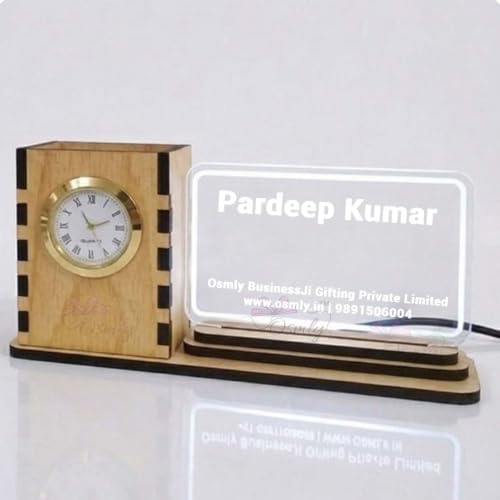 Image of Acrylic Laser Engraved Table Sign Stand, Laser Engraved Sign or Name Plate for Doctor, Teacher, Advocate, Medical, Proprotor office or personal use with Warm White Light (Pen Stand with LED)