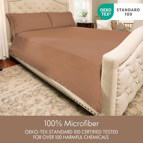 Image of ClevaHome Twin Size Sheet Set - 4 Piece Fitted Sheets Set, Sandy Brown | Soft Luxury Breathable, Shrink & Fade Resistant, Embroidered Bed Sheets, 14-inch Deep Pocket, 2 Extra Pillowcases