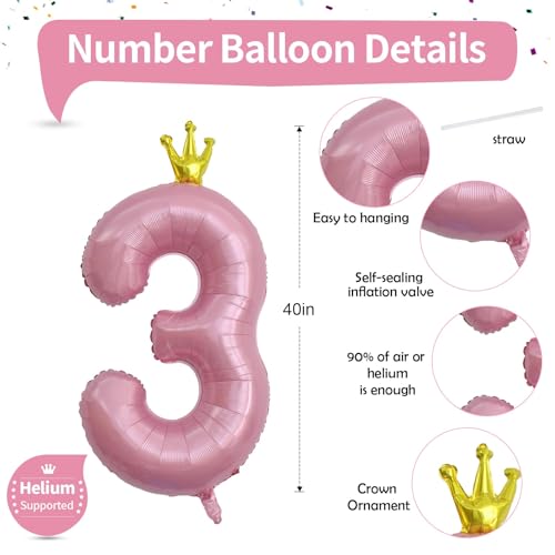 Image of 3rd Birthday Number Balloons for Girls, 40 Inch Light Pink Foil Number Balloons, Large Crown Pastel Pink Number Balloons 0-9 Set for Women 30th Birthday Party Decor Anniversary Decoration Supplies