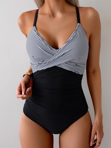 B2prity Women's One Piece Swimsuits Tummy Control Front Cross Bathing Suits Tie Back Slimming V Neck Swimwear - Image 4