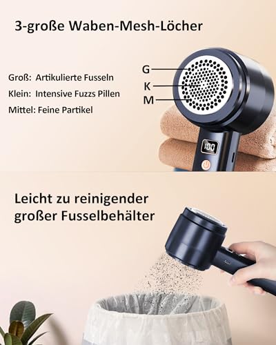 2000mAh Fusselrasierer Elektrisch Tragbarer Stoffrasierer,Einstellbare 3 Geschwindigkeit,6-Blatt-Klingen,LED-Anzeige Fusselentferner Type-C-Ladekabel Fuselrasier für Verschiedene Stoffe,Kleidung,Möbel