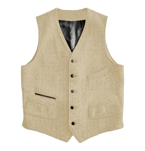 Image of SOLOVEDRESS Mens Vintage Classic Herringbone Pattern Suit Vest V Neck Casual Wool Blend Waistcoat for Men