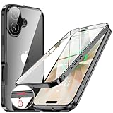 NIANGUO【ロック機能付き・自動ポップアップボタン】 iPhone17 用 ケース クリア 【両面強化ガラス】 9H硬度 【一体型レンズ保護】 アイフォン17 カバー アルミバンパー メタルフレーム 耐衝撃 傷防止 高感度タッチ 薄型 軽量 ワイヤレス充電対応 ストラップホール付き あいふぉん17 用 ケース 6.3インチ（ブラック）