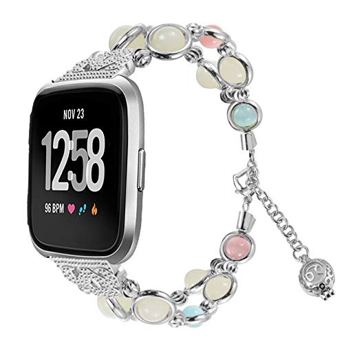 ivywone Compatible for Fitbit Versa Band 20mm 22mm, Adjustable Wristband Handmade Night Luminous Pearl Versa Bracelet for Fitbit Versa/Versa 2/Versa Lite/Versa 3 (Silver, for Fitbit Versa Lite)