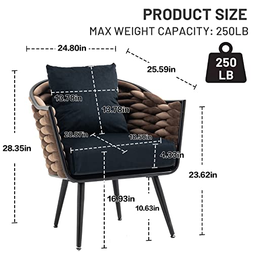 Nioiikit Modern Velvet Accent Chair With Arms, Upholstered Hand Woven Lounge Chair With Pillow, Luxury Armchair, Vanity Chair For Living Room, Bedroom, Office (Black) #TOP2
