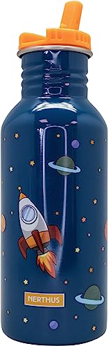 NERTHUS FIH 1160 Botellín de agua infantil con tapón pajita a prueba de fugas 500 ml, Botella de agua para niños