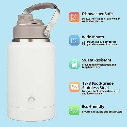 Image of BJPKPK 64oz Insulated Water Bottles, Dishwasher Safe Half gallon Water Bottle with Metal Handle, BPA Free Spout Lid & Detachable Bowl, Large Stainless Steel Jugs, Milky White