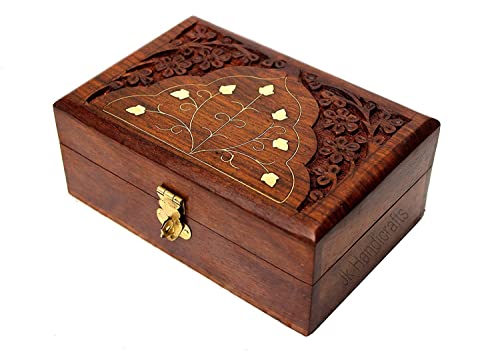 Image of HusNain Handmade Wooden Jewellery Box for Women - Jewel Organizer Hand Carved with Intricate Carvings Gift Items Vanity box Organiser For Women, Storage, Gold, Cash, Money (MEDIUM (7 x 5 inches))