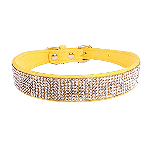 Dog Collar Suede Fiber Crystal Dog Collar Comfortable Glitter Rhinestone Dog Collars Zinc Alloy Buckle For Small Dogs Cats 1Pcs Yellow Xs