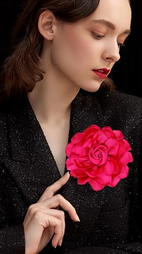 Image of Extra Large Satin Fabric Flower Brooch for Women Elegant Rose Camellia Floral Brooch Pin Handmade Big Satin Fabric Flower Statement Brooch Pin Vintage Clothing Hat Bag Accessories Christmas Wedding Bridal Birthday Jewelry