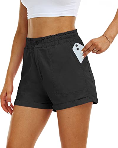 HVEPUO Womens Vacation Lounge Women Shorts Cotton Linen Shorts with Pockets 5 Inch Inseam Button Up Sexy Beach Black Shorts for Women Casual Summer Black S