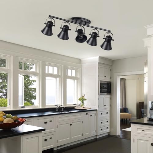 Image of 5-Light Track Lighting Kit, Directional Ceiling Light, Industrial Black Kitchen Track Lighting Fixtures Ceiling for Kitchen, Living Room, Dining Room, Hallway.