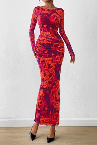 Image of PRETTYGARDEN Women's Long Sleeve Bodycon Dresses 2026 Spring Sexy Floral Mesh Slit Ruched Tight Maxi Wedding Guest Dress