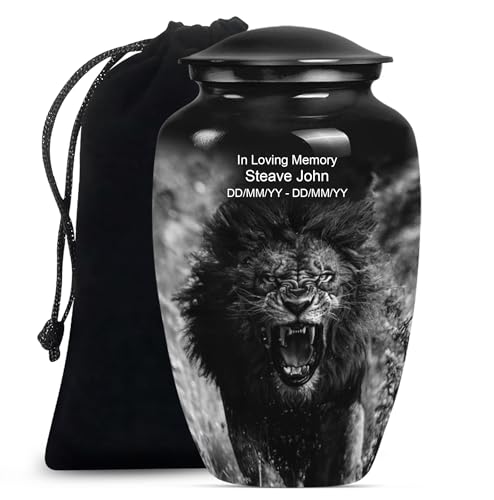 Image of Personalized Lion - Ashes Urns Human Remains - Memorial Urn for Ashes - 10 Inch - Large with Velvet Bag - Burial Urn for Mom & Dad - Large Decorative Urn - Cremation Urns - Funeral Urns