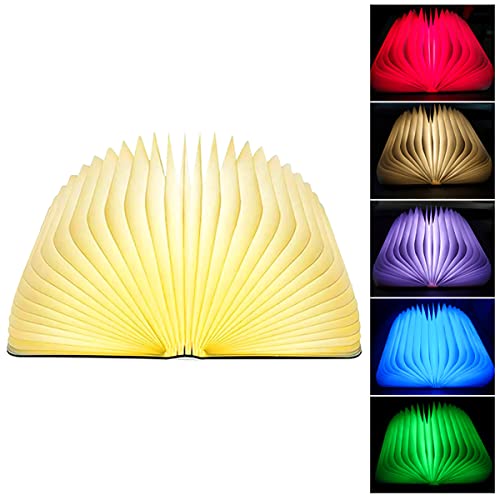 MOBXPAR Lampada a libro pieghevole, luce d'atmosfera, 5 colori, luce notturna a LED a forma di libro, ricaricabile tramite USB, lampada da comodino in legno per decorazione domestica, regalo di