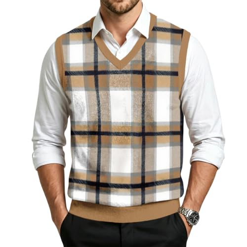 Christmas Sweater Vest Men V Neck Plaid Knit Lightweight Pullover Sweater - image 1