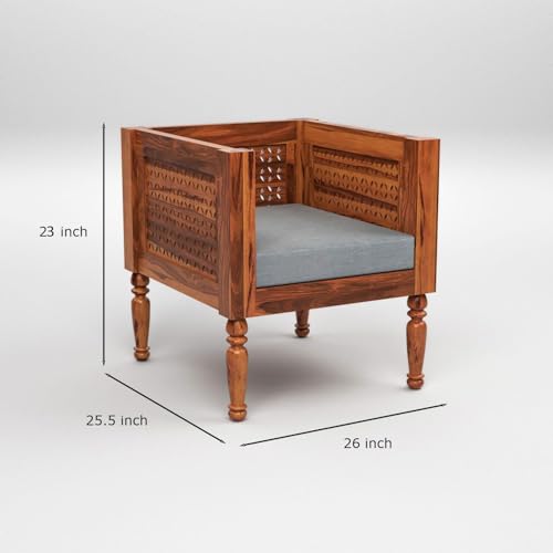 Image of Sheesham Wooden 6 Seater Sofa Set for Living Room Rosewood Cushion Solid Wood Sofa Set for Lounge (Honey with Grey Cushion, 6 Seater)