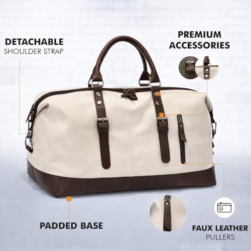 Image of CAVALO - Be Unique Vintage Canvas Travel Duffel Bag for Men & Women, 40L Large Capacity Weekender Bag with Detachable Shoulder Strap, Leather Handles, for Travel, Gym & Business Trips (White)