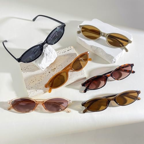 6 Pack Retro Oval Sunglasses for Women/Men Chic Cat Eye 90s Sunnies Lightweight Narrow Shades Y2k Glasses4