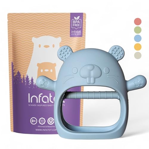 Infatot® Teething Toys for Baby Gifts – Chipmunk Silicone Mitten Teether, Soothing Glove for Infants, Baby Toys 0-6 Months, Soft Chewable Teether Toy to Prevent Finger Sucking, CM Blue
